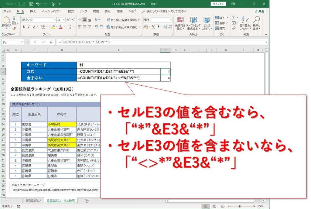 Excel関数COUNTIFであいまい検索、含む/含まない