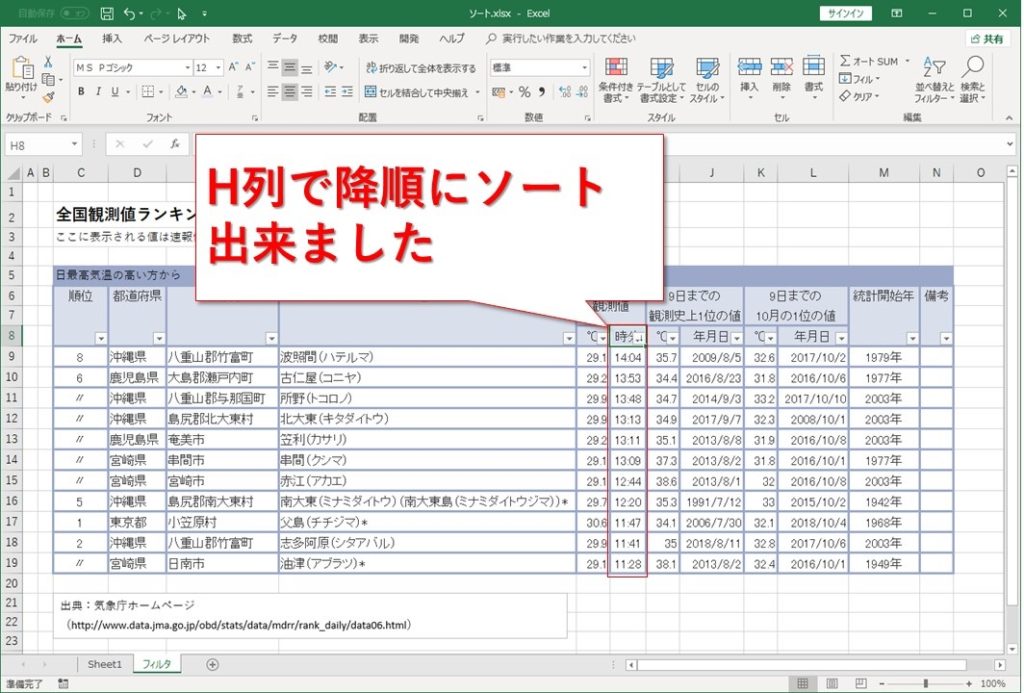 Excel フィルタでソート