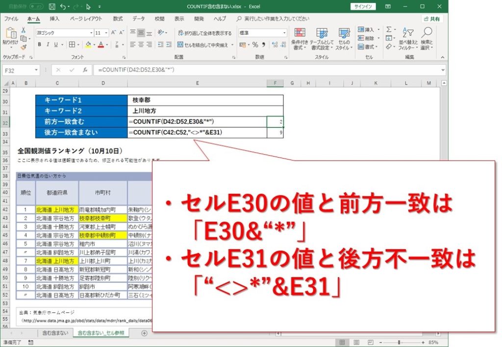 Excel Countif関数で含む 含まない 前方一致 後方一致検索する方法 Website Note