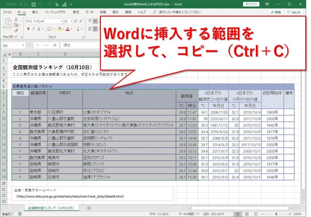 Excelの表をWordに入れるやり方